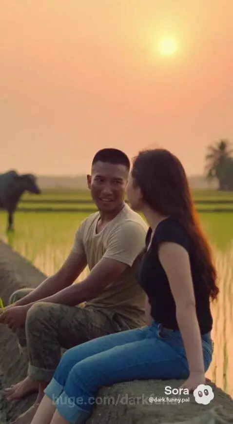 Couple sitting in a rice field at sunset, with a water buffalo in the background.