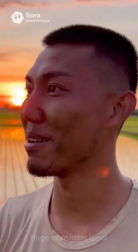 Couple holding hands watching a vibrant orange and pink sunset over a water-filled rice field.