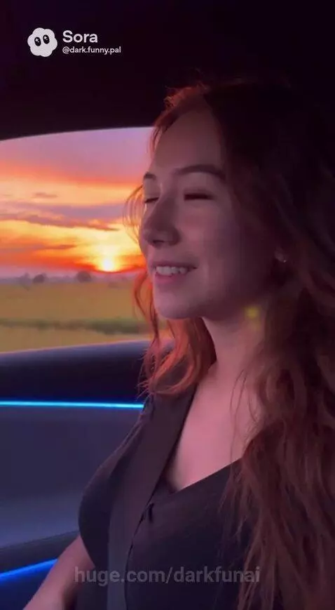Couple holding hands in a futuristic car with blue lights, flying over a rural landscape at sunset.