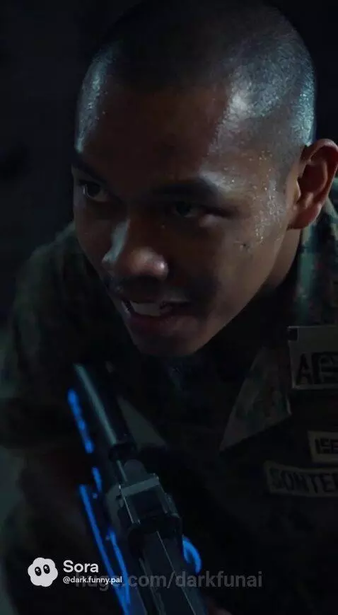 Man in military camouflage with a futuristic weapon, sweating intensely in a futuristic combat scenario.
