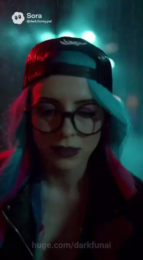 Couple running hand-in-hand through a neon-lit, wet urban alley at night, smiling.