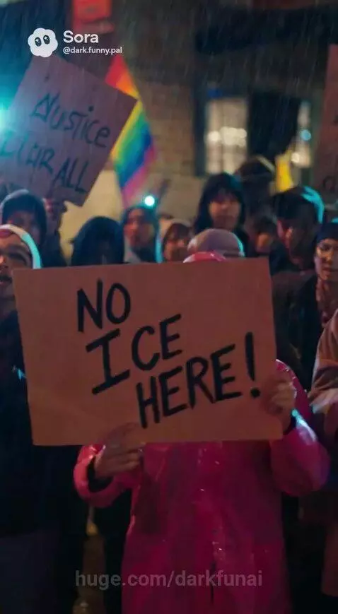 Nighttime protest in the rain with 'NO ICE HERE!' signs and individuals in tactical gear.