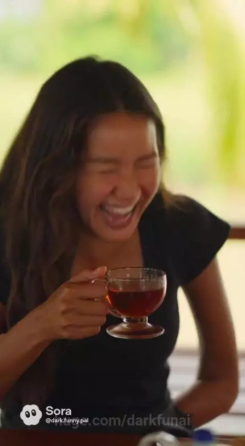 Woman animatedly tells a story at a table outdoors, holding a phone showing an X-ray.