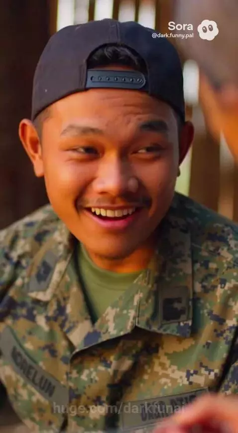 Mother and son sharing a meal, with a futuristic rifle leaning against a post in the background.