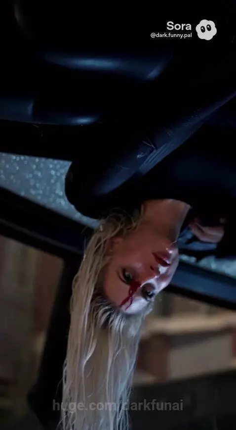 Man on a motorcycle with a rifle, fighting a demon in the rain, then rescuing a woman from an overturned car.