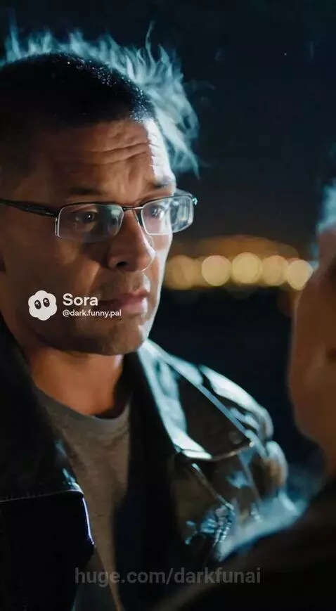 Man and woman on a cliff overlooking a city at night, with a motorcycle nearby.