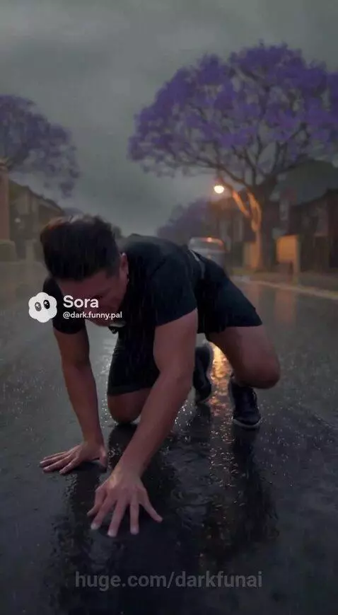 A man transforming into a large, muscular monster with horns and claws in the rain.