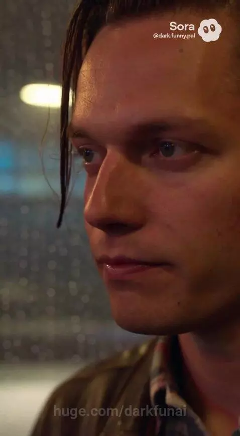 Man sitting in a retro diner booth on a rainy day, looking out the window at blurred neon signs.