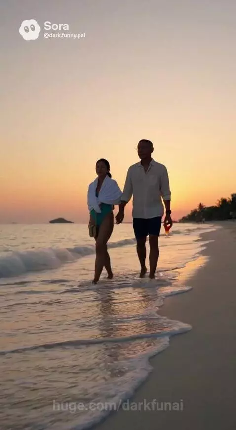 Couple walking hand-in-hand on a beach at sunset, with waves and a colorful sky.
