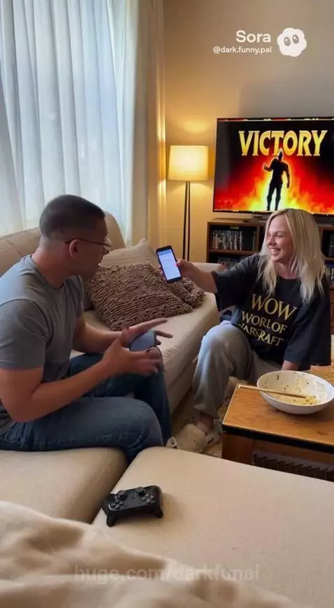 Couple laughing on couch after a funny first date text message incident.