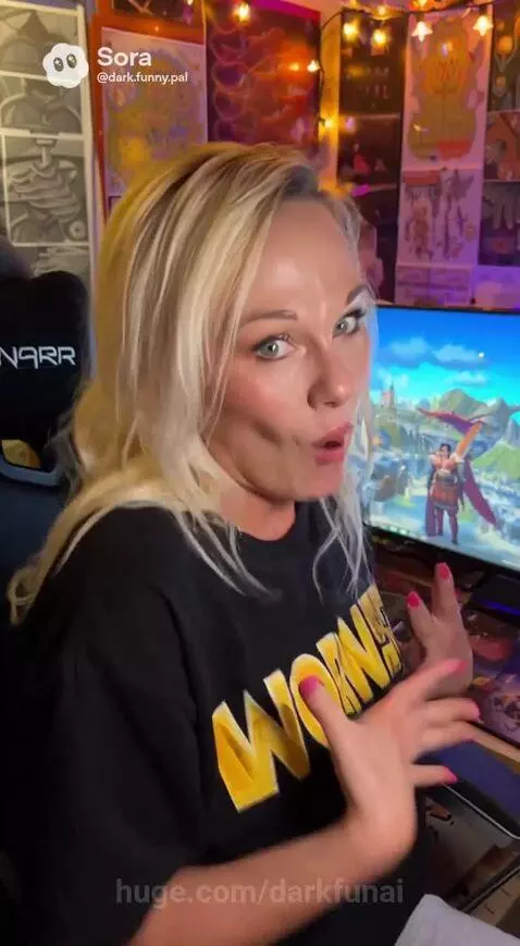 A woman with blonde hair and blue eyes, wearing a black t-shirt, smiles while giving gaming advice in front of a computer.