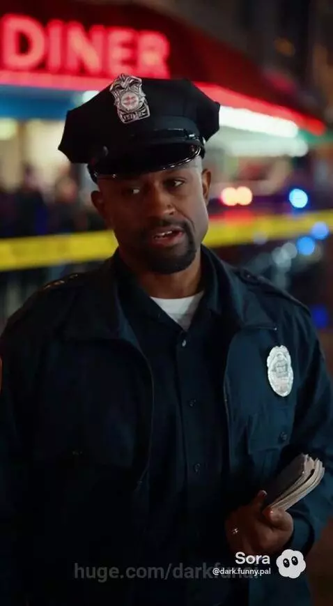 A happy couple walks hand-in-hand down a wet city street at night, with glowing lanterns and police lights in the background.