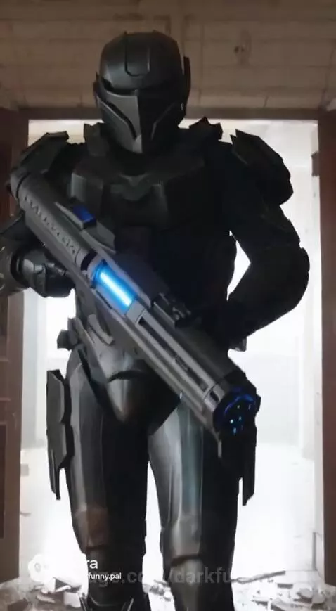 Person in futuristic armor with glowing weapon faces a man in sunglasses at a desk with medals and maps.