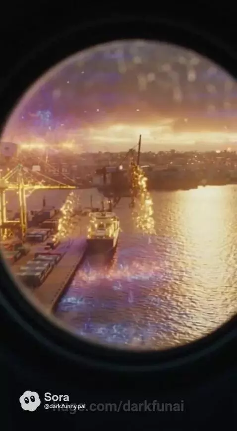 Futuristic figures in suits jump from an aircraft towards a glowing, chaotic port at sunset.