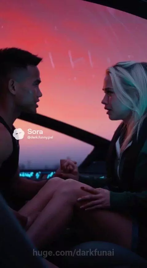 Couple walking on a beach at sunset, a futuristic car transforms into a flying vehicle.