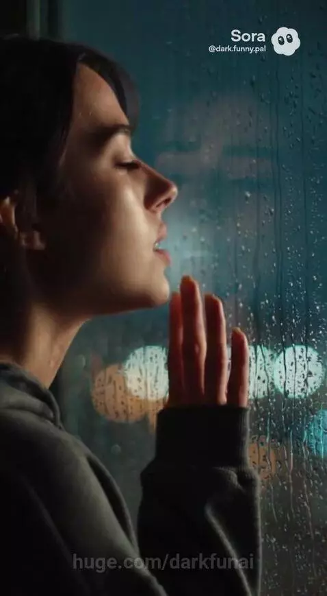 Woman looking out a rainy window, holding a phone with a photo of her and her partner.