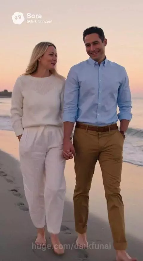 Couple walking hand-in-hand on a beach at sunset, reflections on wet sand.