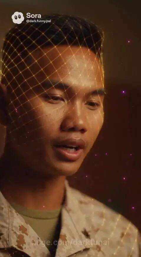 Elderly mother crying in kitchen, looking at a holographic image of her son in military uniform.