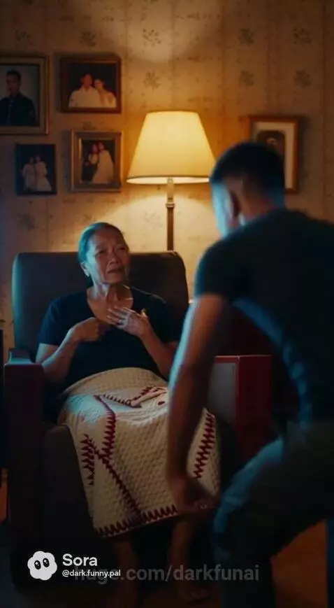 Elderly woman distressed in armchair, a pixelated purple hologram of her son approaches her.