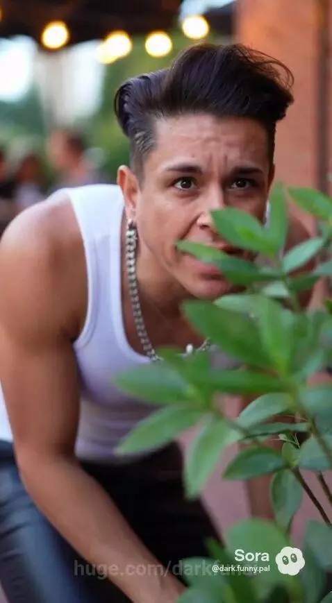 Couple on a date at an outdoor cafe, a man peeks from behind a plant, and a waitress delivers a rose.