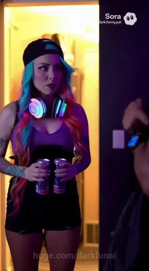 Couple shares a kiss in a room with purple and orange lighting; man holds a duffel bag.