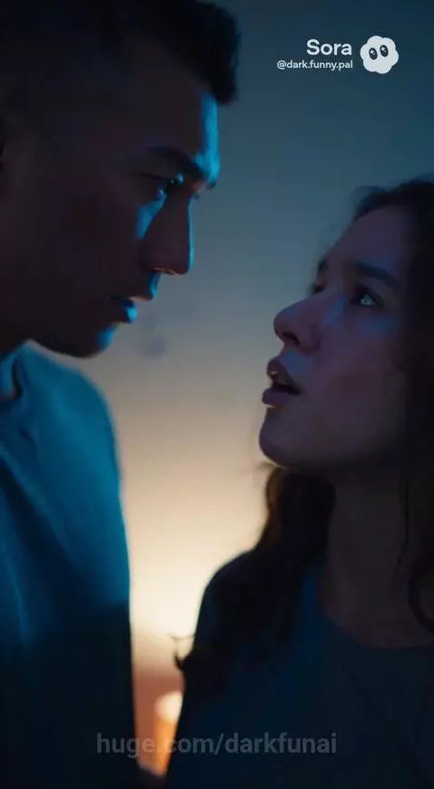 Christina and a man in a dimly lit room, illuminated by blue light, as she decides to join a fight.