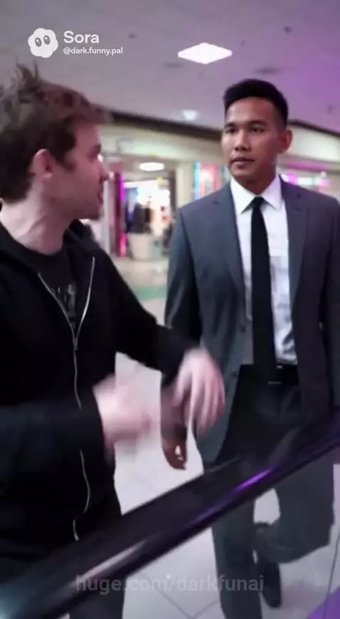 Man in hoodie excitedly explains a plan involving Radio Shack and electronic parts to a man in a suit on an escalator.