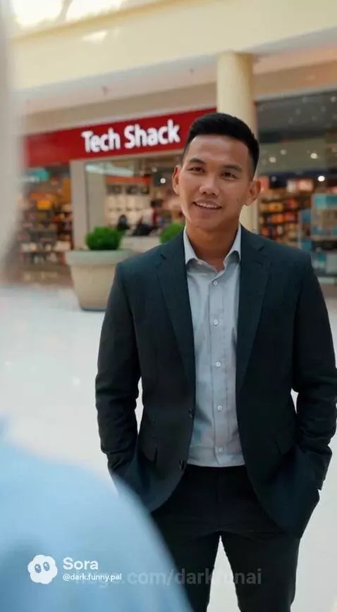 Woman with blonde hair talks to a man in a suit in a brightly lit shopping mall near a jewelry store.