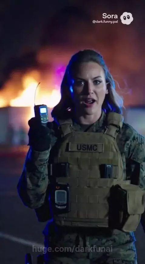US Marines disembarking from an Osprey at night near a large building fire with emergency vehicles.