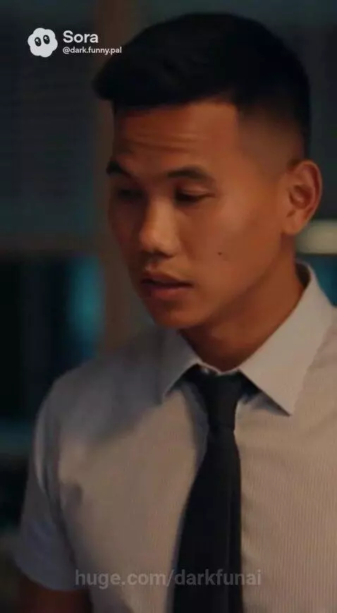 A woman with dark hair in a blue top talks to a man in a white shirt, sharing a hug and a kiss.