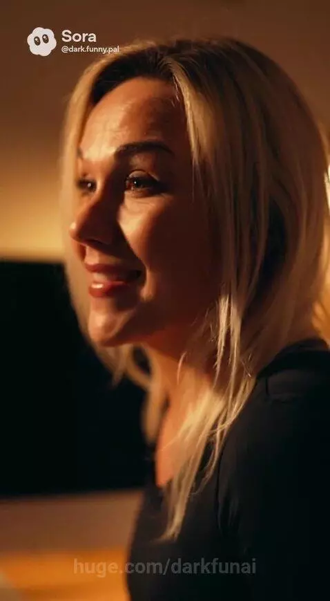 A blonde woman in black sits in an office chair while a man in a suit, Pat, stands in the doorway, discussing a past event.