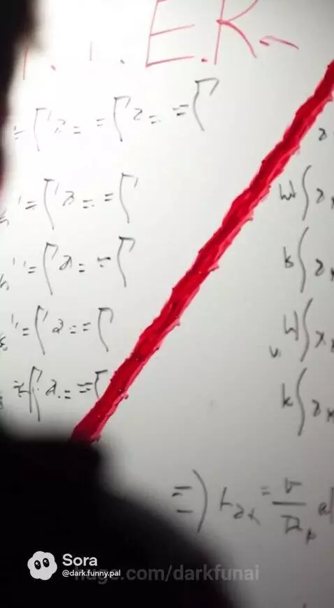 Man in hoodie frantically at whiteboard with complex equations, drawing a red line, symbolizing a scientific error.