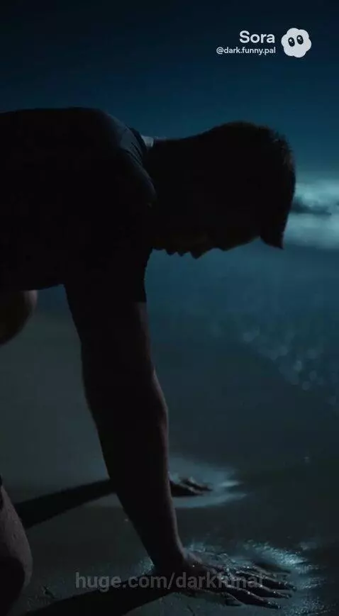 Silhouetted man screaming in shallow water on a dark beach at night, woman approaches.