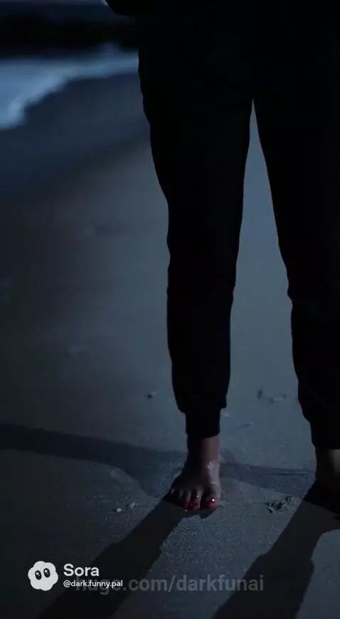 Man confesses love to Erin on a beach at night under a full moon, city lights in distance.