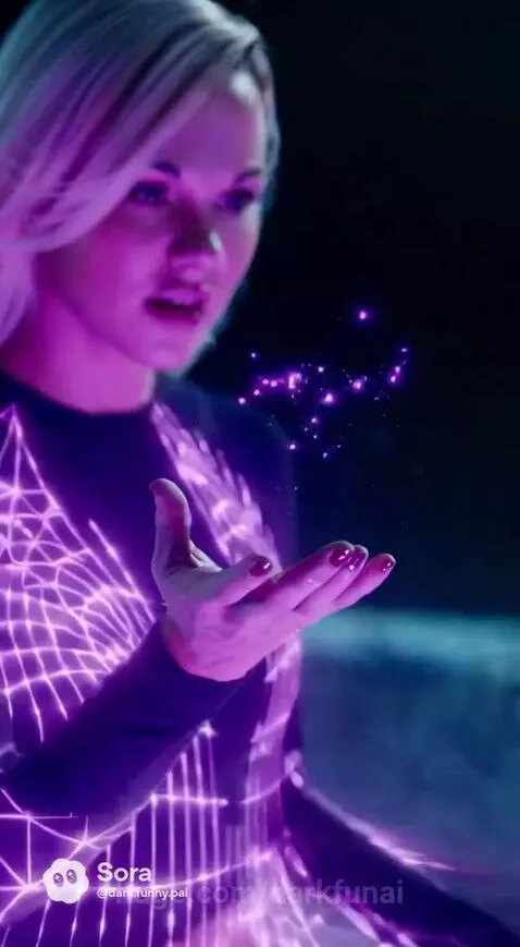 Couple levitating on a beach at night, surrounded by glowing purple energy.