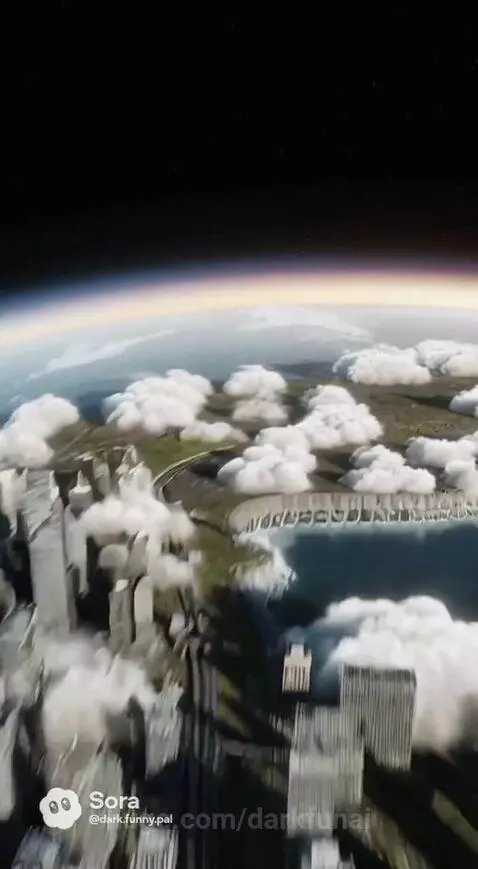 A futuristic city street with a man and woman looking up at a mysterious open anomaly in the sky.