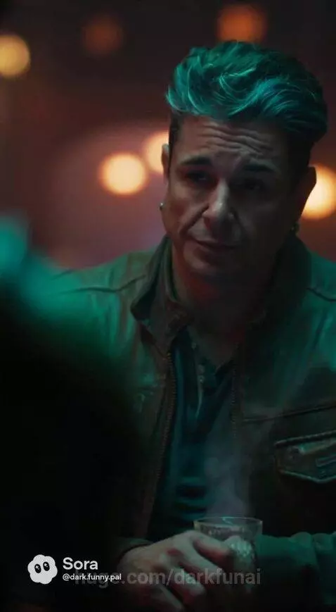 Man with blue hair and an insectoid alien converse in a futuristic bar with a view of a fiery nebula.