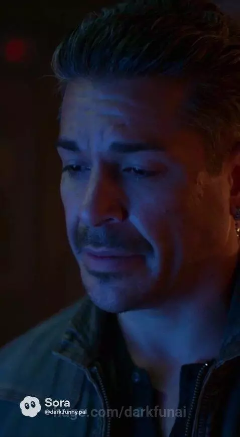 Man in futuristic room with glowing pods, standing next to an alien creature, looking somber.