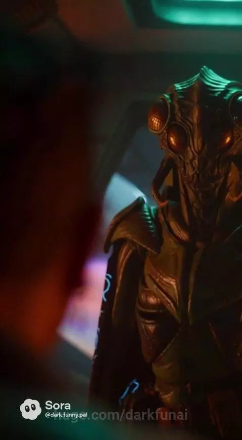 Futuristic spaceship cockpit with a human at controls and a tall, cloaked insectoid alien discussing payment with a nebula outside.