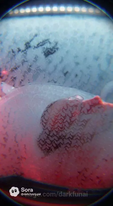 Futuristic red-lit corridor with a tall, green, insectoid alien creature.