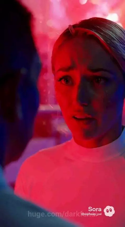 Man and woman in a dimly lit futuristic environment with red and blue lights, appearing distressed.