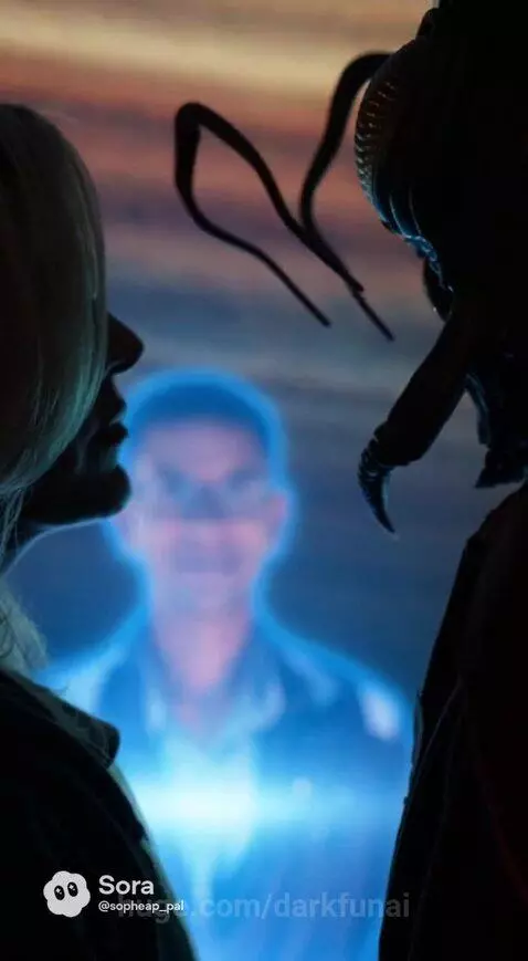 Erin, a blonde woman, faces a blue holographic projection of a smiling man alongside an insectoid alien.
