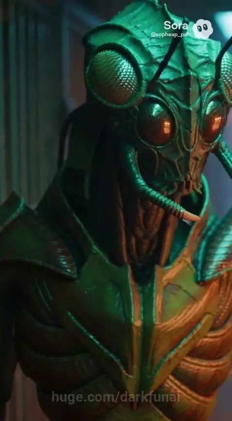 Woman in hoodie in futuristic corridor with alien creature, spaceship window shows planet.