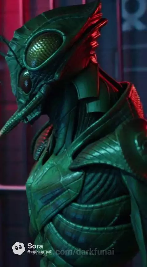 Woman and insect-like alien in futuristic corridor look at icy stasis pod.