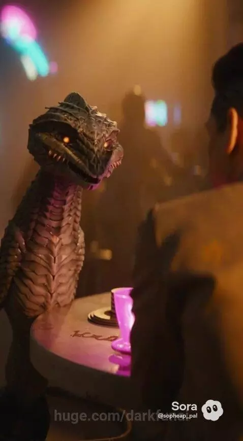 Futuristic bar interior with neon lights, a large planet visible through a window, and a reptilian alien at a table.