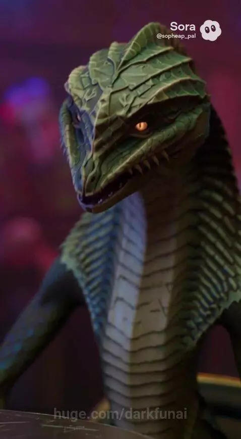 Man in a leather jacket talks to a glowing-eyed reptilian creature in a neon bar.