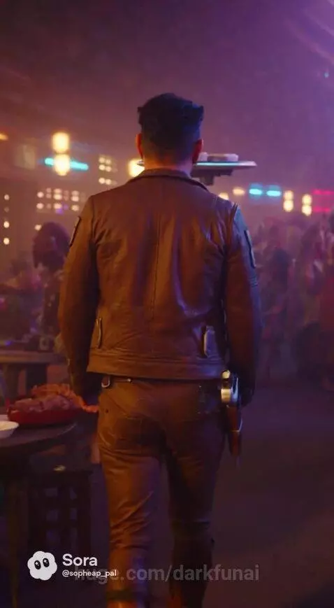 Man in leather jacket talks to a glowing-eyed snake creature in a futuristic bar.
