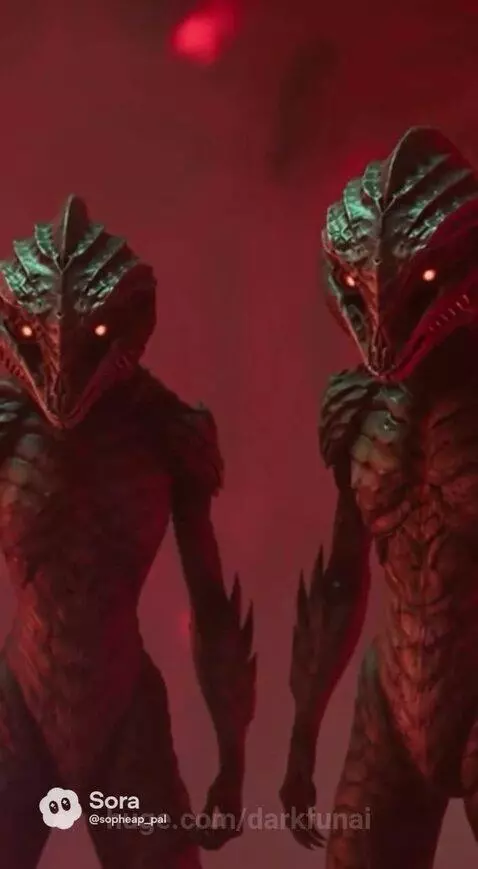 Reptilian aliens in a red organic chamber, with a central alien and a holographic human projection.