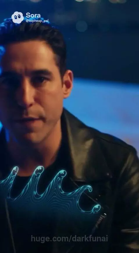 Woman in gold jacket smiling outdoors, man singing in red and blue light, boat scenes at sunset.