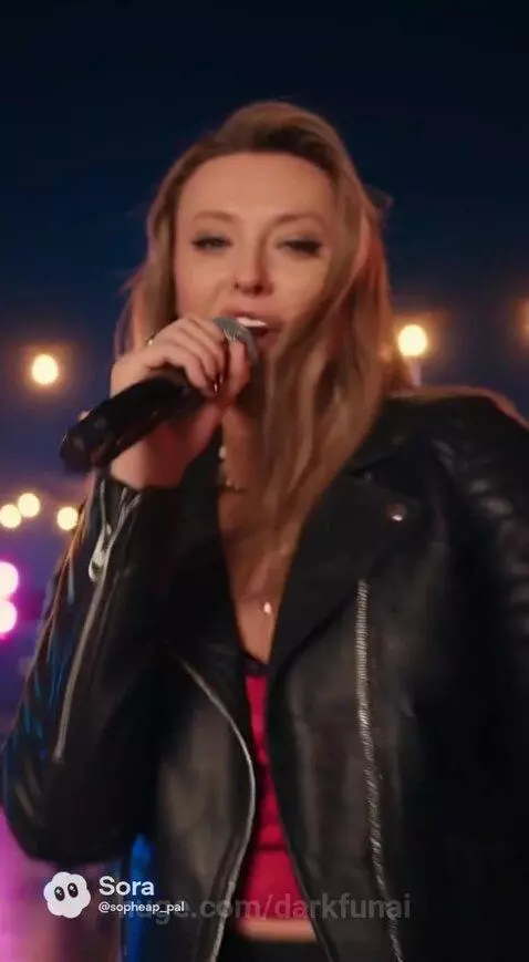 Male and female vocalists performing intensely in a neon-lit alleyway and on a rooftop stage at night.